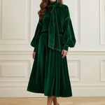 Long Sleeves Puff Sleeves Bow-Embellished Pleated Solid Color Split-Joint Tied Half Turtleneck Blouses&Shirts Tops