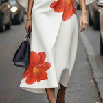 Three-Quarter Sleeves Asymmetric Floral Printed Split-Joint Round-Neck Midi Dresses