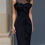 Sheer Neckline Ruffle-Trim Sculpted Midi Dress