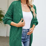 Solid Color Hollowed Out Knitted Cardigan Loose V-Neck Long Sleeved Cardigan Top