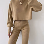Women's Knitted Two Pieces Sets Turtleneck Cropped Sweater with High-waisted Flared Pants