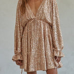 V Neck Balloon Sleeves Backless Drawstring Sequin Dress