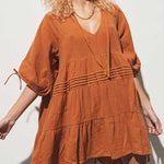 Nadorine Women's Cute Sweet Tie up V Neck Drawstring Short Sleeve Babydoll Dress Loose Tiered Ruffle Swing Tunic Mini Dress