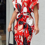 V-Neck Pleated Belt Short Sleeve Dress