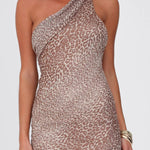 Slant-shoulder Leopard Print Halter Back Maxi Dress