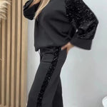 Stylish Sequined Loose-fitting Crew Neck Top and Casual Pocket Wide-leg Pants Set