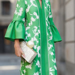 Flared Sleeves Loose Flower Print Pleated Pockets Split-Side V-Neck Maxi Dresses