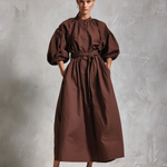 Women's Elegant Brown Cotton And Linen Blend Round Neck Short-sleeved Loose-fitting Maxi Dress