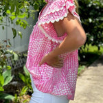 Pink Abstract Print Ric Rac Trim Flutter Sleeve Notch V Neck Blouse