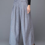 Loose Wide Leg Buttoned No Belt Pleated Pockets Solid Color Split-Joint Pants Trousers