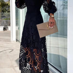 Romantic, Sensual and Elegant Crochet Lace Lantern Sleeve Party Midi Dress
