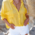 Nadorine Solid Color V Neck Long Sleeve Button Down Blouse with Pockets