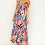 Spaghetti Strap Midi Dresses Sexy Deep V Neck Backless Floral Print Side Slit Maxi Dress