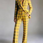 Elasticated Waist High Waisted Buttoned Contrast Color Plaid Split-Joint Notched Collar Blazer Outerwear