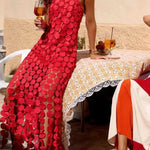 Juju Embroidered Cutout Polka Dots Square Neck Tassel Hem Slip Maxi Dress
