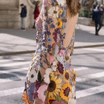 Elegantly Enchanted Floral Applique Backless Long Sleeve Mini Dress