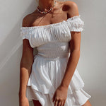 Off Shoulder Ruffle Shorts Romper Swiss Dot Smocked Layered Chiffon Boho Mini Jumpsuits