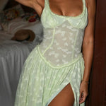 Ulissa Light Green Square Neck Jacquard Textured High Slit Maxi Dress