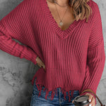 Casual Tassel Hem Pullover V Neck Sweater