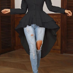 High-Low Long Sleeves Buttoned Falbala Solid Color Lapel Collar Blouses&Shirts Tops