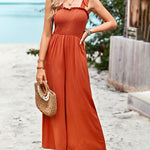 Sleeveless Lace-up Smocked Jumpsuits Solid Loose fit Wide Leg High Wasit Romper