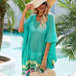 Hollow Out Beach Swimsuit Coverups Oversized Short Sleeve V Neck Loose Knit Bikini Cover Up
