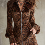 Retro Short Velvet Leopard Print Lantern Sleeve Mini Dress