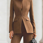 Long Sleeves Buttoned Pockets Solid Color Stand Collar Blazer Outerwear