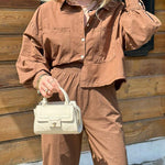 Solid Color Long Sleeve Crop Top with Pockets and High Waisted Nine-Quarter Pants Two-Piece Set