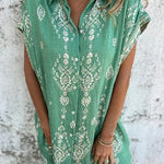 Linen Blend Unique Print Lapel Casual Pocket Mini Dress