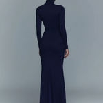 Women's Navy Elegant Stretch Polyester-Cotton Blend Turtleneck Draped Maxi Dress