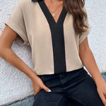 Loose Short Sleeves Contrast Color V-Neck T-Shirts Tops