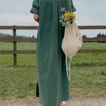 Oversized Button Down Maxi Shirt Dress Short Sleeve Side Split Casual Loose Solid Tunic Dress