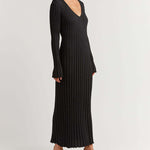 Long Sleeve Dress V-Neck Knit Maxi Dress Ribbed Elegant Long High Waist Pleated Dresses