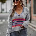 Striped Contrast V-Neck Dropped Shoulder Sweater