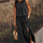 Nadorine Women's Crewneck Sleeveless Split Maxi Dress Casual Loose Sundress Long Flowy Beach Dress with Pockets