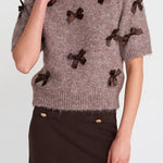 Jensin Knit Satin Bow Detail Short Sleeve Crop Sweater