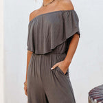 Off Shoulder Jumpsuit Wide Leg Romper Solid Color Summer Short Sleeve Casual Playsuit