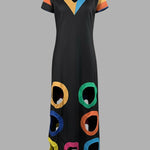 A-Line High Waisted Colorful Contrast Color Hollow V-Neck Maxi Dresses
