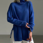 Turtleneck Loose Hem Slit Long Sleeve Knitted Pullover Sweater Tops