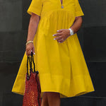 Loose Short Sleeves Solid Color Deep V-Neck Midi Dresses Shirt Dress
