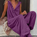 Solid Color Button Hood Sleeveless Jumpsuit