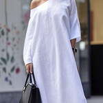 Long Sleeves Loose Solid Color One-Shoulder Maxi Dresses