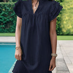 A-Line Loose Ruffled Solid Color Stand Collar Mini Dresses