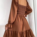 Square Neck Long Sleeve Shirred Ruffle Hem Dresses High Waist A Line Knee Length Elegant Mini Dress