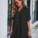 Nadorine Long Cuffed Sleeve Shirts Button Down V Neck Blouse Loose Fitting Tops