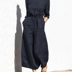 Solid Color Long Sleeve Rompers Back Button Elastic Waist Wide Leg Long Jumpsuit