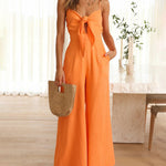 Ruffle Straps Crisscross Back Knot Front Slip Jumpsuit