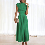 Stand Collar Solid Color Hollow Waist Long Dress