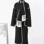 Women's Thickened Loose Woolen Longline Coat With Fringed Scarf